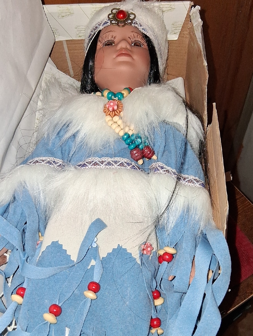 Native-Inspired Heritage Porcelain Doll Blue & White